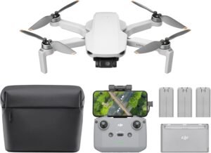 DJI Mini 4K Fly More Combo drone with remote controller, 3 batteries, charging hub, and carrying bag