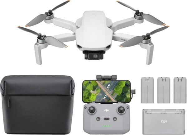 DJI Mini 4K Fly More Combo drone with remote controller, 3 batteries, charging hub, and carrying bag